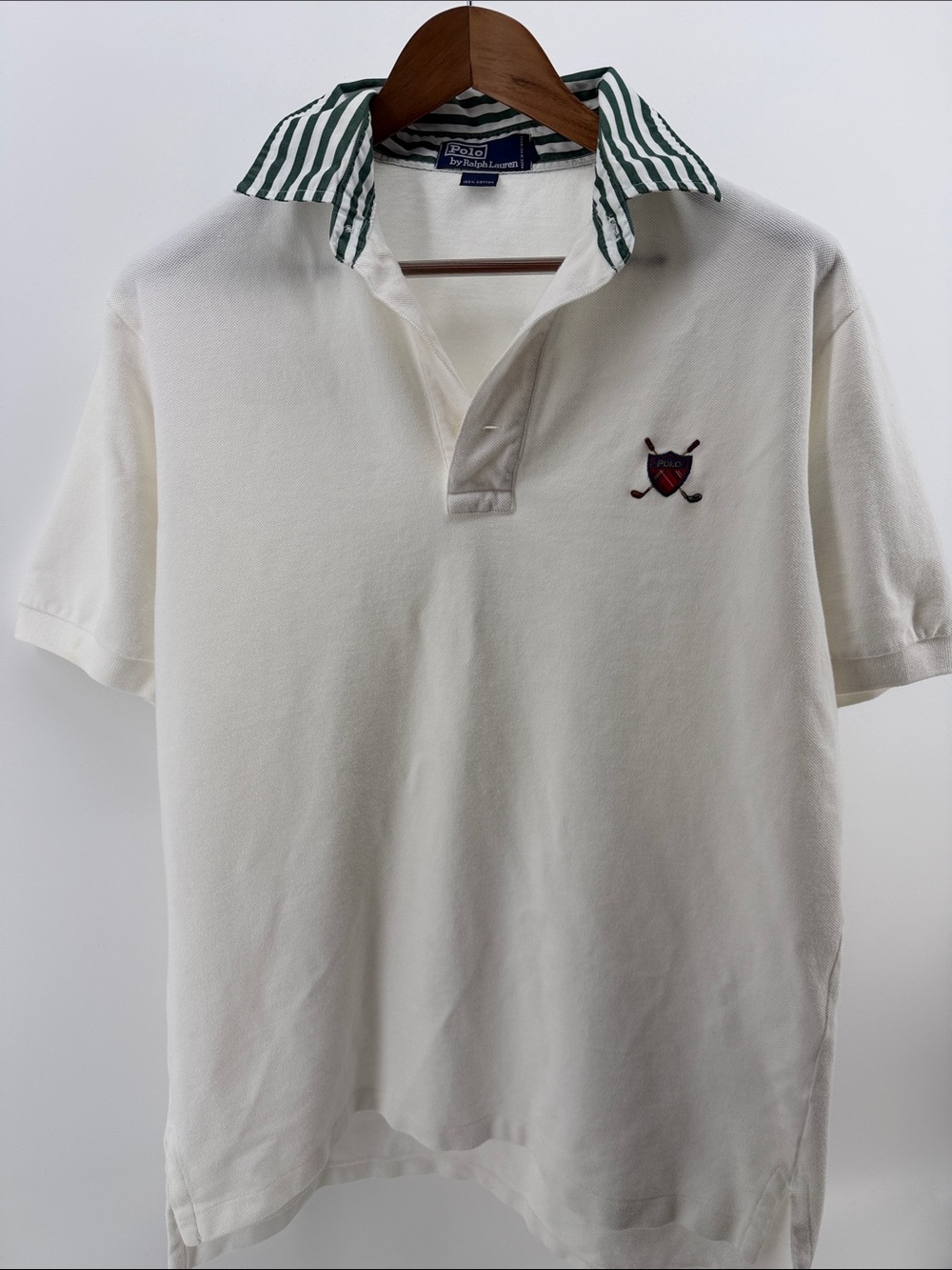 Polo by Ralph Lauren Cream Short-Sleeve Rugby Polo with Green Striped Collar